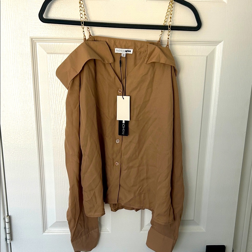 Fashion Nova Camel Button-Up Shirt